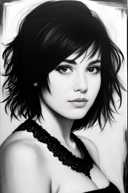 Black and white portrait of a beautiful young woman with black hair