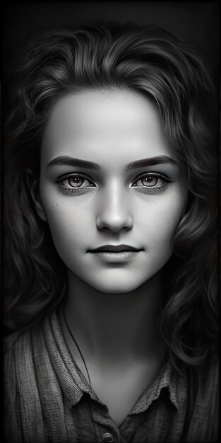 Black and white portrait of a beautiful young woman with long curly hair