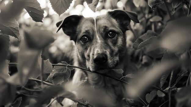 Photo a black and white portrait of a dog looking through the leaves of a bush the dog has a sad expression on its face