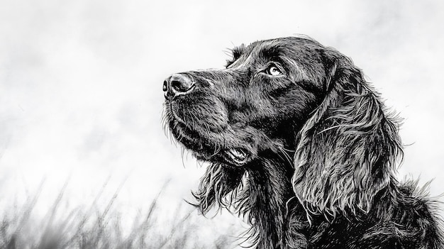 Black and white portrait of a dog looking up