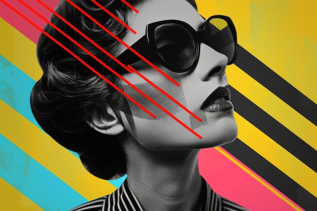 Black and white portrait of an elegant woman in sunglasses with colorful geometric background