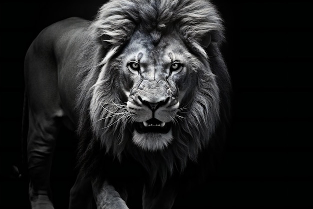 Black and white portrait of a lion on a black background in the studio