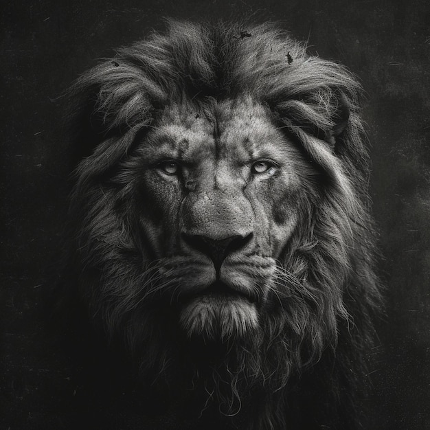 Black And White Portrait Of A Male Lion With A Full Mane