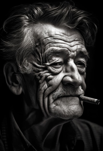 A black and white portrait of a man with a cigarette in his mouth.