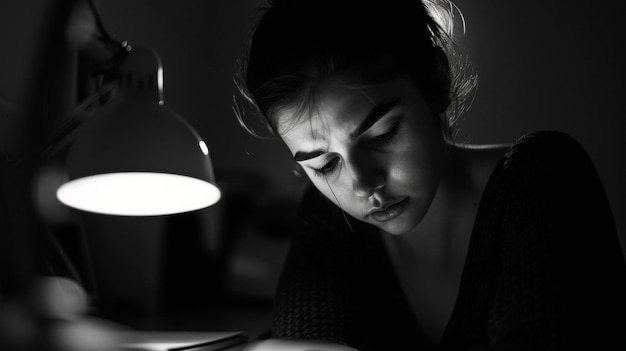 A black and white portrait of a person illuminated by a single desk lamp their eyes closed in