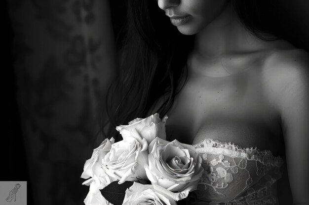 Photo black and white portrait of a pregnant supermodel surrounded by roses