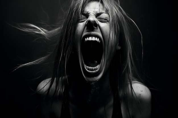 Photo black and white portrait of a scary vampire girl screaming in the dark