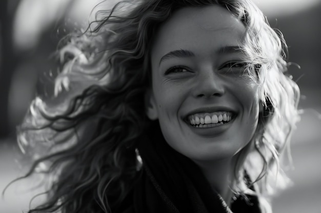 Black and white portrait of a smiling young woman with curly hair