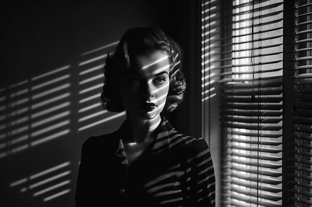 Black and white portrait of a woman in style of films in noir at window with light through blinds Generative AI