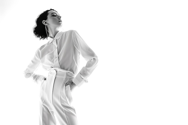 Photo black and white portrait of a woman in a white shirt and pants