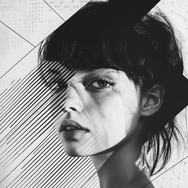 Photo a black and white portrait of a woman with short dark hair her face partially obscured by a geometric pattern