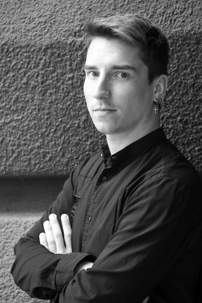 Black and white portrait of a young handsome guy