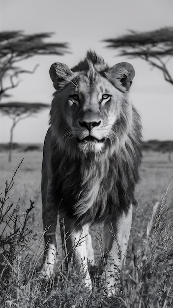 Photo black and white portrt of wild lion in nature