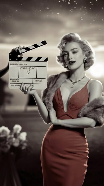 Photo black and white portrt of woman with clapperboard in old hollywood glamour style