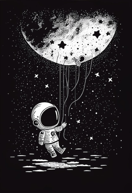 A black and white poster of a astronaut flying on a moon.