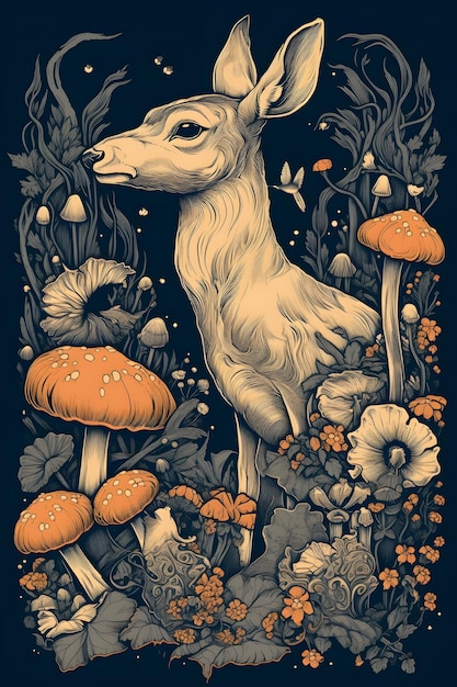 A black and white poster with a deer in the middle of mushrooms.