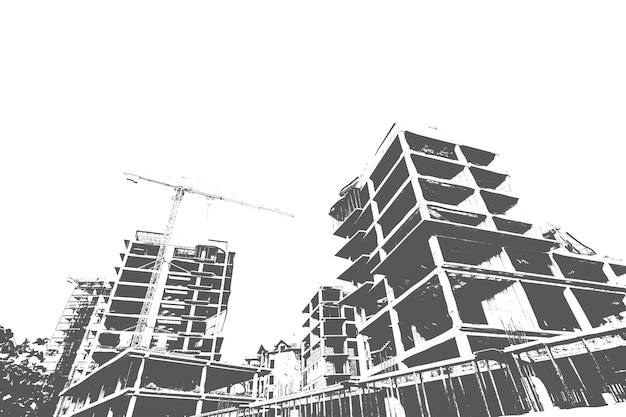 Black and white print of a multistorey residential building under construction and a construction crane on a white background