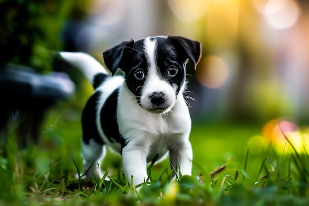 a black and white puppy is walking in the grass