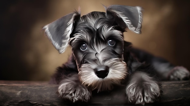 a black and white puppy with a black face and a brown background.