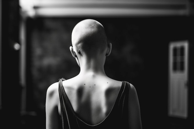 Black and white rear shot of young female fighting with cancer and anorexia