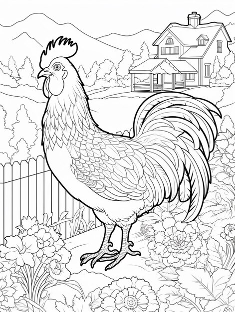 a black and white rooster stands in a garden with flowers generative ai