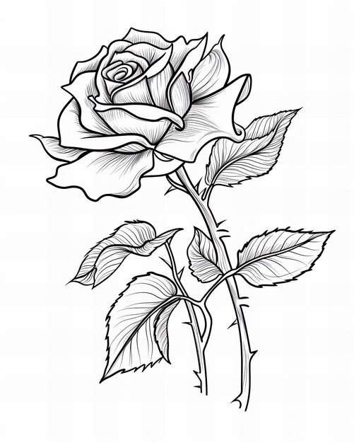 Black and White Rose Illustration Detailed Floral Line Artwork Botanical Drawing