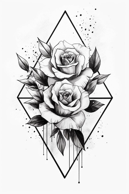 A black and white rose tattoo design with a diamond generative ai