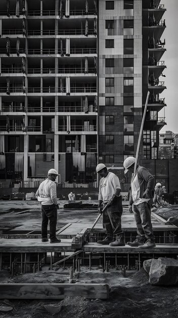 Photo black and white scene showcasing the life of construction workers on the site