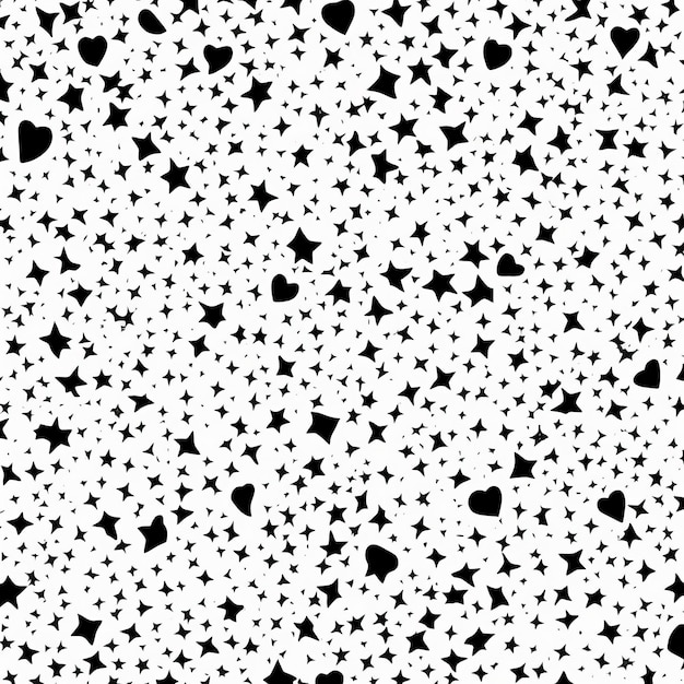 Black and white seamless pattern with hearts and stars.