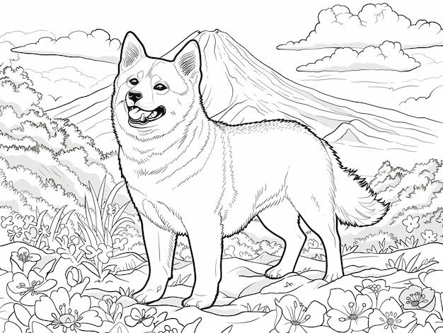 black and white shiba inu with mount fuji in the background for colouring book page