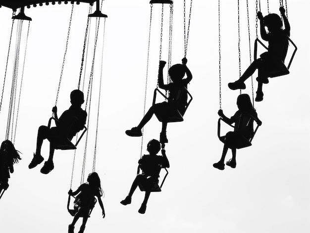 A black and white silhouette of children on the swings at an amusement park with a white background