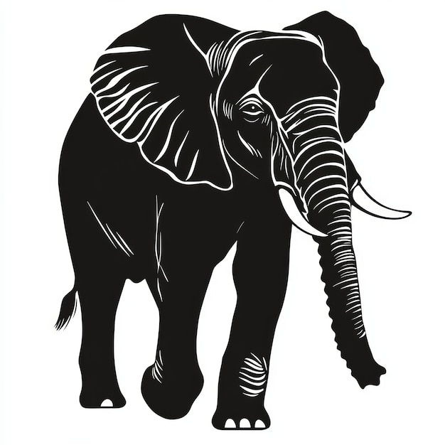 Photo a black and white silhouette of an elephant with its trunk raised and tusks visible walking towards the viewer