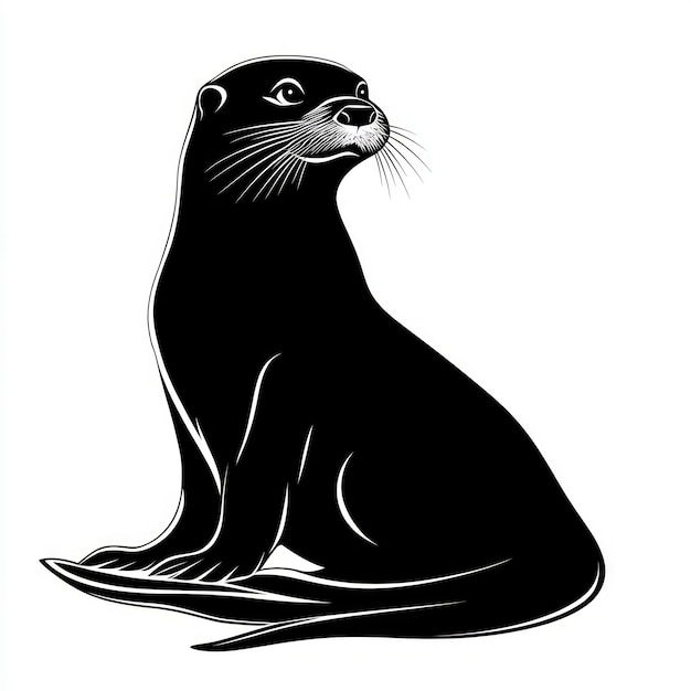 Photo black and white silhouette of an otter sitting on a white background