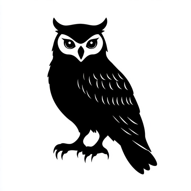 Photo a black and white silhouette of an owl facing forward with its eyes wide open