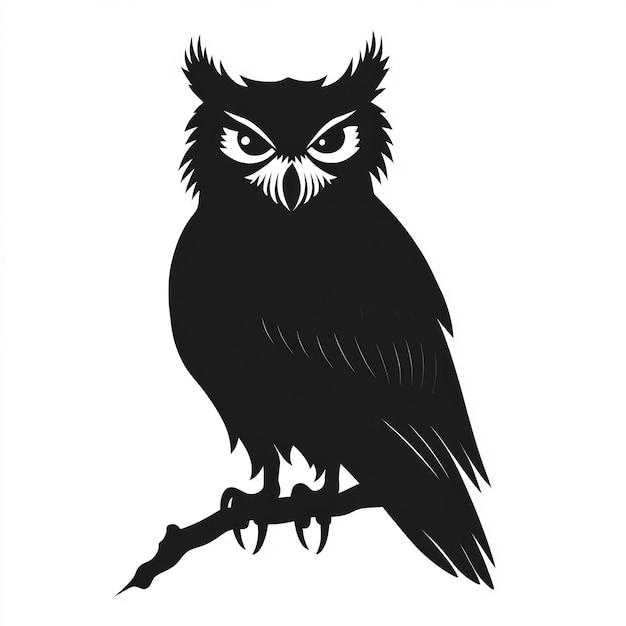 Black and white silhouette of an owl perched on a branch