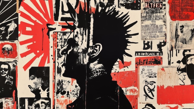 Photo a black and white silhouette of a punk rocker with a mohawk hairstyle is seen against a background of red and black posters with various graffiti