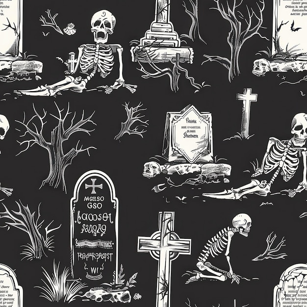 Black And White Skeletons Resting At A Graveyard On A Dark Night