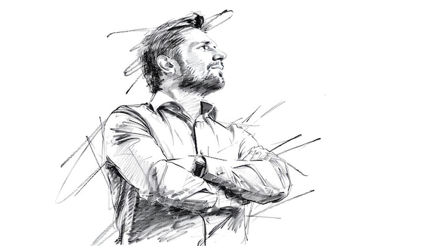 Black and white sketch of a confident man with folded arms looking up wearing a shirt artistic drawing