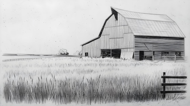 Photo black and white sketch of a country barn in a field of grass