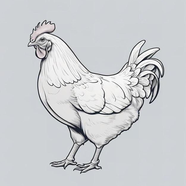 Photo black and white sketch of a detailed chicken figure