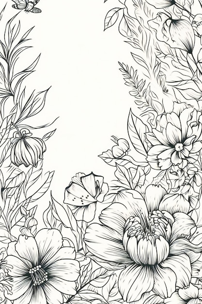 A black and white sketch of a floral border with a white background.