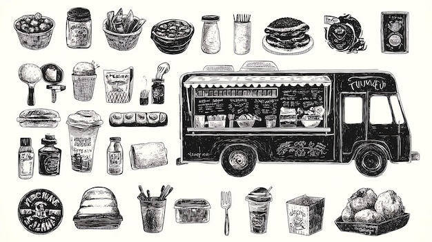 Black and white sketch of a food truck and various foods and beverages