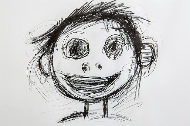 Photo black and white sketch of a happy child with big eyes