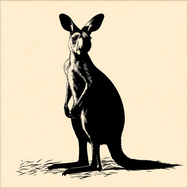 Photo a black and white sketch of a kangaroo standing on a beige background