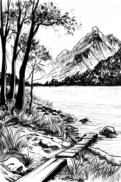 Photo black and white sketch of a serene mountain landscape with trees a lake and a wooden dock