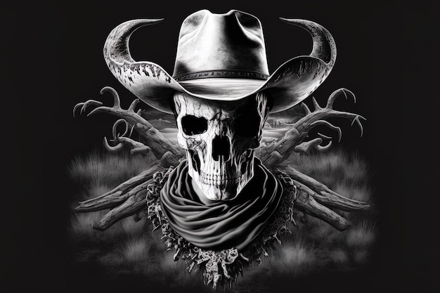 Black and white skull cowboy artwork print on t shirts jackets and mementos