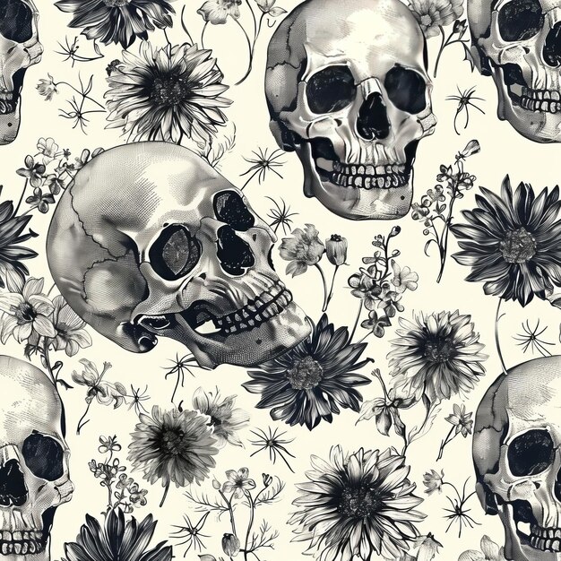 Photo a black and white skull and flowers are on a white background