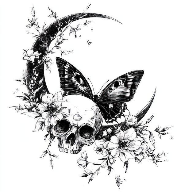 Photo black and white skull with butterfly and floral design