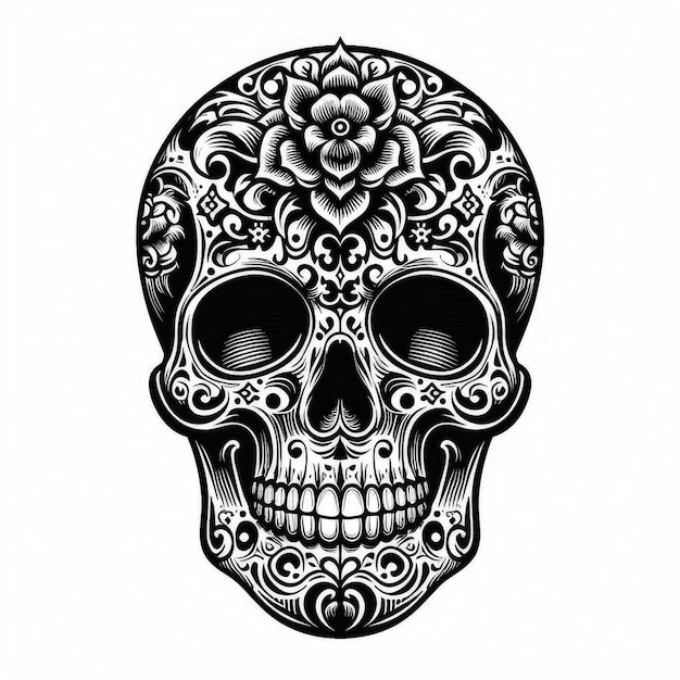 Photo a black and white skull with a floral design on it