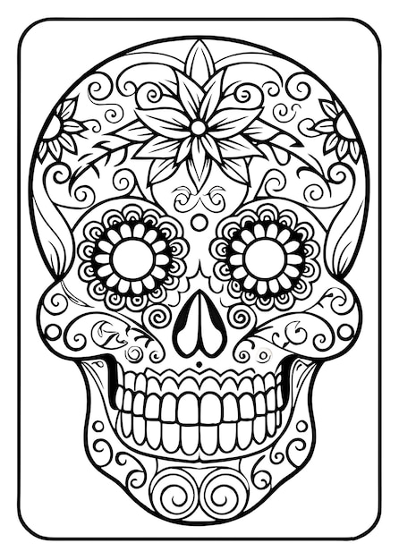 a black and white skull with a flower design on it